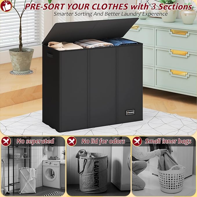 195L Laundry Hamper 3 Section,Large Laundry Hamper with Lid,Dirty Clothes Hamper with 3 Inner Bags,Collapsible Laundry Basket Organizer for Laundry Room,Bedroom,Laundry Sorter Hamper 3 Compartment - Image 3