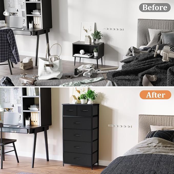 Fabric Dresser for Bedroom, Tall Skinny Dresser with 6 Drawers, Storage Organizer Tower, Steel Frame Wooden Top for Closet, Living Room, Hallway, Nursery(Black) - Image 4