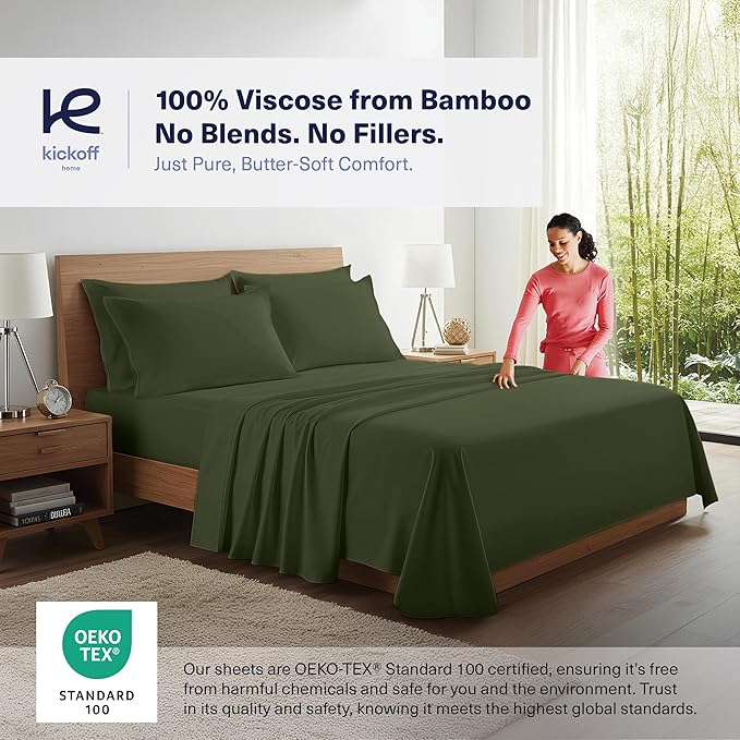 Kickoff Viscose Bamboo Sheets Twin Size 3-pc 100% Organic Bamboo Viscose Bed Cooling Sheets Twin Size Set Cool Bedding for hot Sleepers Sheet, Flat, Fitted, Pillowcase (Green, T)