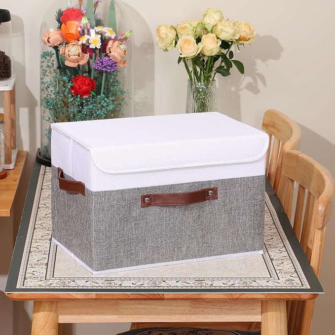 ANMINY Storage Boxes with Lids Washable Decorative Storage Bins Basket with PU Leather Handle Foldable Linen Fabric Storage Cubes Containers for Home Closet Organizer - Gray White, Large Size - Image 8