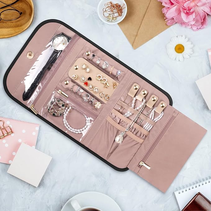 Travel Jewelry Organizer Box, Foldable Travel Case for Earrings, Necklaces, Rings, Bracelets, Black - Image 6