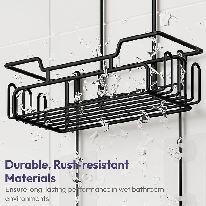 SWTYMIKI Bathroom Shower Caddy Hanging - Extended Length 2 Tier Rustproof Over Shower Head Organizer, No Drilling Bathroom Shelf with 14 Hooks & Soap Holder, Anti-Swing Rack, Black, Medium - Image 6