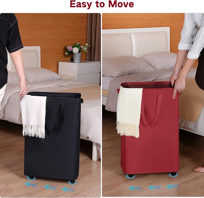 efluky Slim Laundry Hamper with Wheels, Rolling Laundry Basket for Clothes, Small Laundry Basket for Bedroom, Dorm and Laundry Room, 75L (19.8 Gallons) Burgundy Red - Image 5