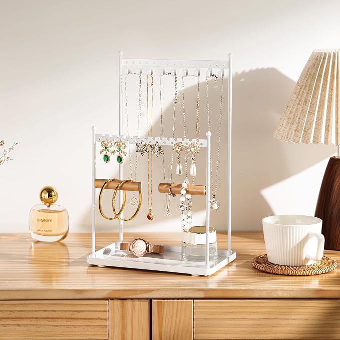 3 Tier white Jewelry Stand, Necklace Organizer, Earring Holder with 44 Holes and 9 Hooks, for Necklaces, Bracelets, Rings - Image 2
