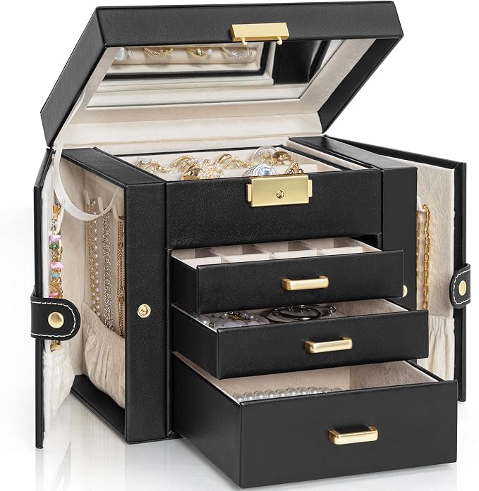 AKOZLIN 4-Tier Jewelry Box Leather Jewelry Storage Organizer with 3 Drawers Lockable for Women Girls Ring Necklace Earring Bracelet Holder with Mirror Black by AKOZLIN