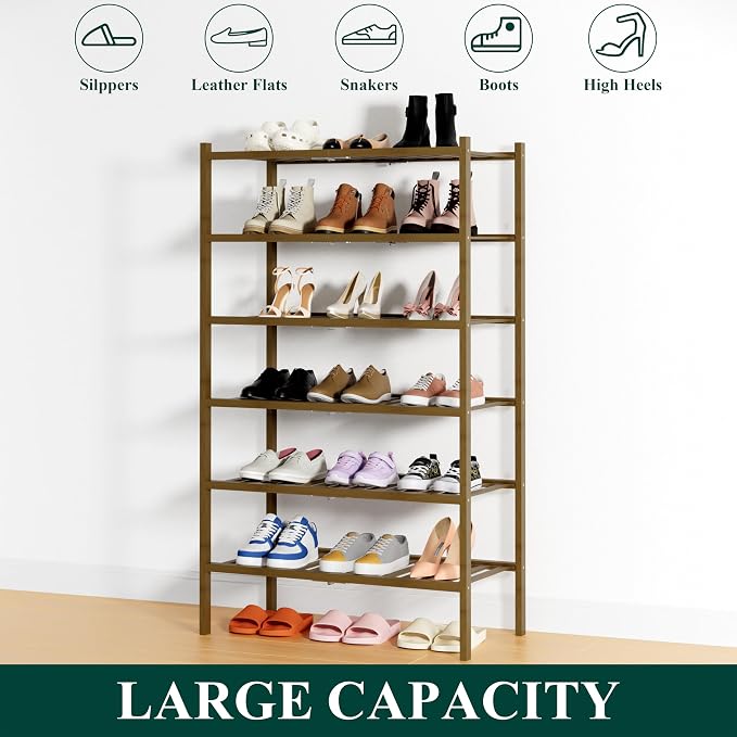 Smiry Shoe Rack, 6 Tier Thick Bamboo Shoe Organizer, Stackable Free Standing Wooden Shoe Storage Shelf for Closet, Entryway, Front Door Entrance, Walnut - Image 6