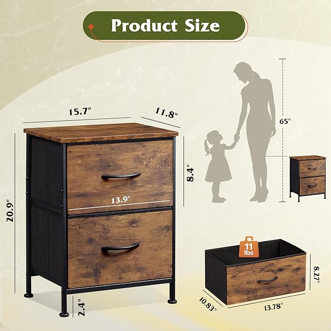 WLIVE Night Stand Set of 2, Small Dresser with 2 Drawers & Wooden Top, Nightstand with Fabric Bins, Bedside Table End Table for Bedroom, Closet, Entryway, College Dorm, Rustic Brown