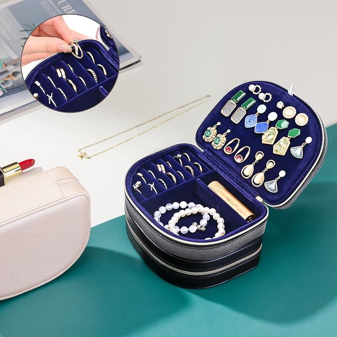 ProCase Travel Size Jewelry Box, Medium Portable Seashell-Shaped Jewelry Case, 2 Layer Mini Jewelry Organizer in PU Leather for Women -Glossy Black - Image 7