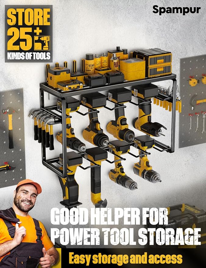 Spampur Power Tool Organizer, 8 Drill Holders Wall Mount, 3 Layer Heavy Duty Metal Storage for Garage Organization, Tools Storage with Hooks, Screwdriver Hammer Holder, Father's Day Mens Birthday Gift - Image 5