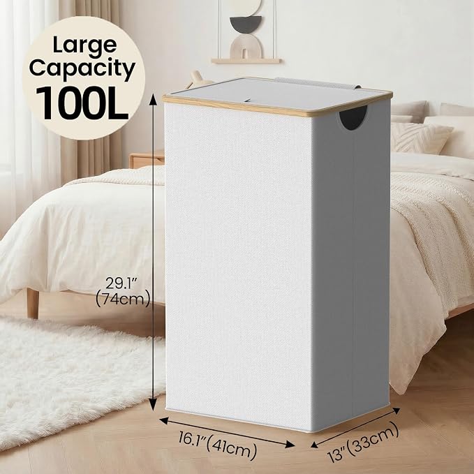 efluky Laundry Basket with Lid and Removable Bag, 100L Tall Laundry Hamper with Bamboo Handles, Aesthetic Dirty Clothes Bin for Laundry Room, Bathroom, Bedroom and Dorm, Light Grey - Image 2
