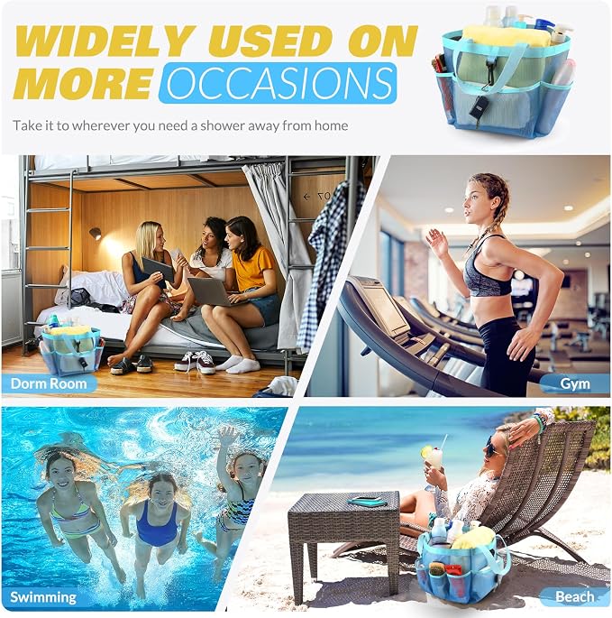 LOYEE Mesh Shower Caddy Portable for College Dorm Room Essentials with 8 Pockets, Shower Bag for Beach, Swimming, Gym, Travel, Bathroom(All blue) - Image 7