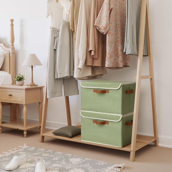 GRANNY SAYS Fabric Storage Bins with Lids, Decorative Storage Boxes with PU Handles, Keepsake Memory box, Shelf Baskets for Closet, Sage Green/White, Large, 2-Pack - Image 2