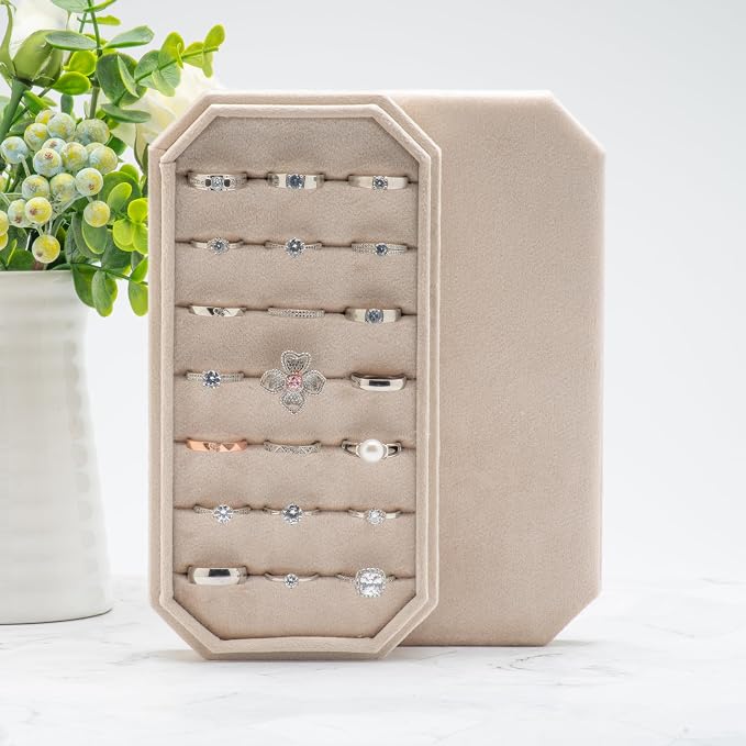 Velvet Ring Organizer Display Tray Jewelry Box Earring Holder Case for Wedding Birthday Christmas Day (Beige) - Image 5