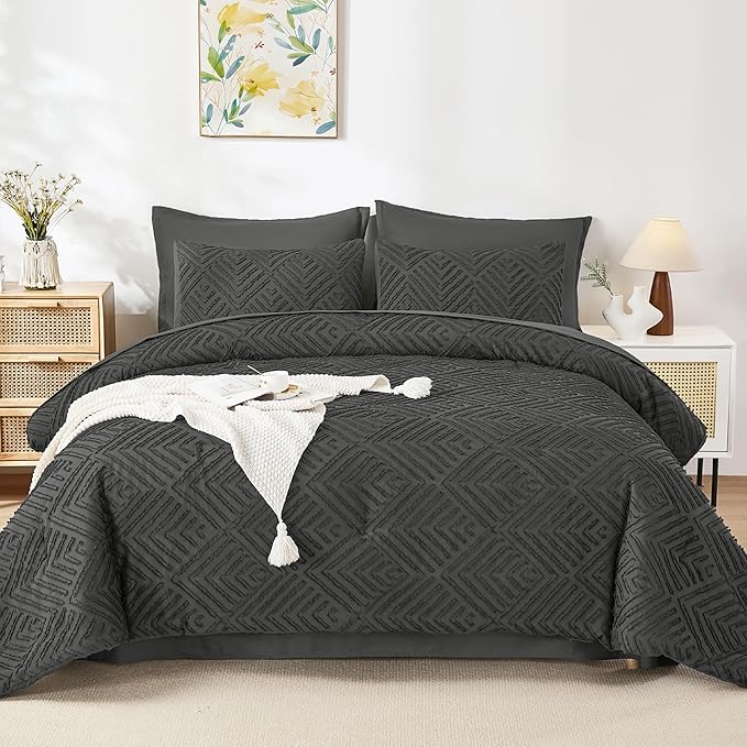 Andency King Size Comforter Set 7 Pieces Dark Grey - Bed in a Bag King Boho Lightweight Fluffy Tufted Bedding Sets with Quilt Comforter, Sheets, Pillowcases & Shams