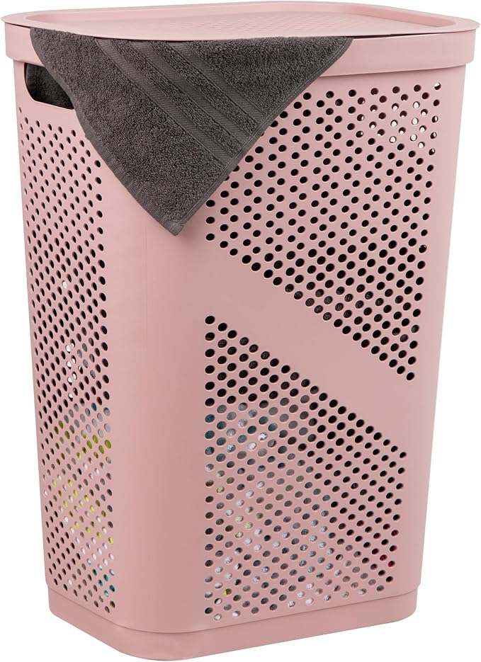 Mind Reader Slim Laundry Hamper with Lid, 60L Clothes Basket, Ventilated Plastic, Pink by MindReader