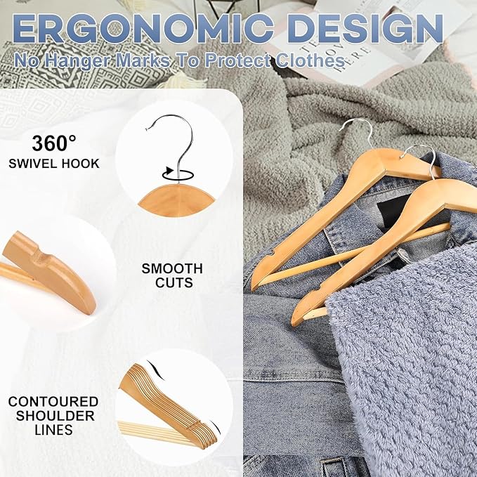 Wooden Hangers 30 Pack, Heavy Duty Wood Hangers for Coats, Suits, Jackets, Closet & Pants Durable Premium Wood Hangers with 360-Degree Rotatable Hook and Notches, Natural - Image 4
