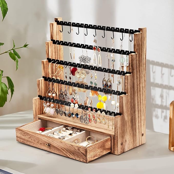 Pinzoveco Earring Organizer, 5 Layer Earring Holder Organizer with Necklace Holder Pole, Rustic Wood Jewelry Organizer Stand Display for Stud Earring Bracelet Necklace Ring, 175 Earring Holes - Image 2