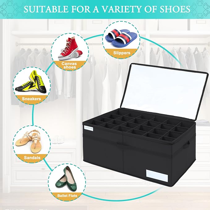 Luvhomee Shoe Storage Organizer, Fits 24 Pairs, Large Shoe Organizer Box for Closet, Clear Foldable Shoes Containers w/Bottom Support, Space Saving Shoe Cubby Storage Boxes w/Reinforced Handles, Black - Image 3