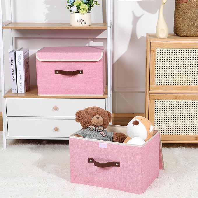 ANMINY 2PCS Storage Bins with Lid PU Leather Handles Storage Boxes PP Plastic Board Decorative Foldable Lidded Cotton Linen Fabric Home Cubes Baskets Closet Organizer Containers - Pink, Large Size - Image 6