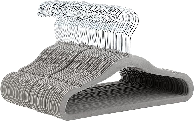 Amazon Basics Kids Space Saving Velvet Non-Slip Clothes Hangers with Shoulder Notches for Infant and Toddler, Sturdy, 11.6", Gray, 50-Pack by AmazonBasics