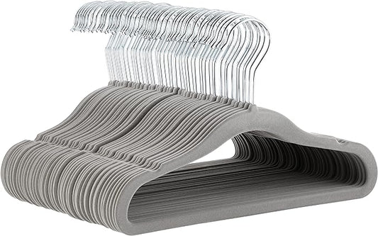 Amazon Basics Kids Space Saving Velvet Non-Slip Clothes Hangers with Shoulder Notches for Infant and Toddler, Sturdy, 11.6", Gray, 50-Pack by AmazonBasics