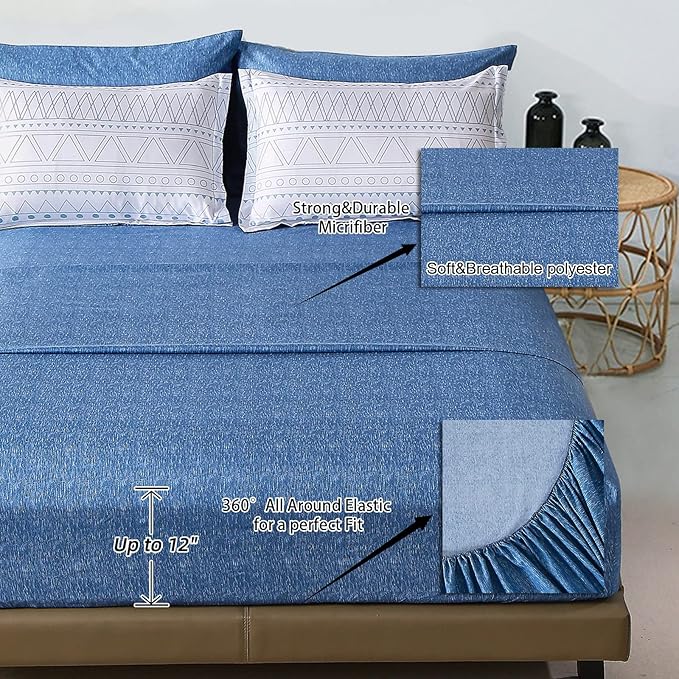 WONGS BEDDING Blue Boho Bed in a Bag Queen,7 Pieces Navy Comforter Set Queen Geometric Comforter Reversible Soft Microfiber Bedding Set with Comforter,Pillowcases,Flat Sheet,Fitted Sheet,Pillow Shams