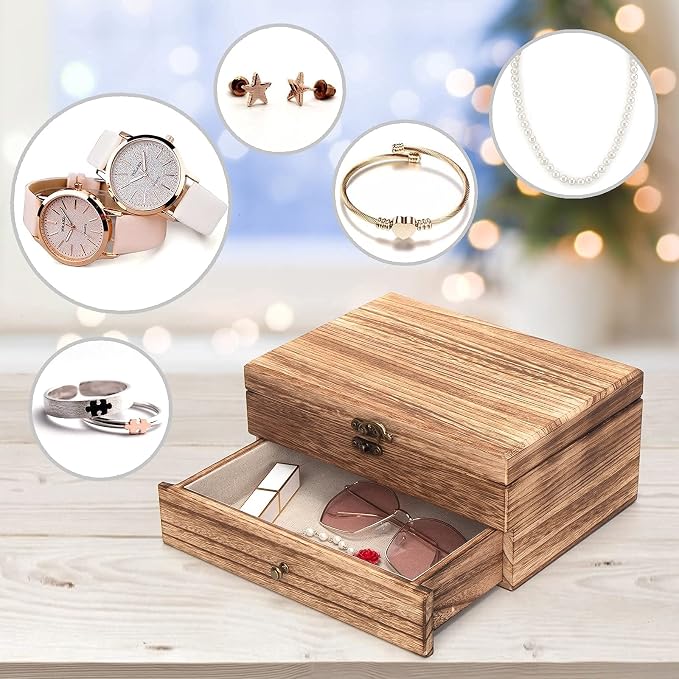 Pinzoveco Jewelry Box for Women, Rustic Wooden Jewelry Organizer Box for Storage Earrings Rings Necklace Bracelet, Farmhouse Style Wood Jewelry Boxes & Organizers (Torched Wood Color) - Image 7