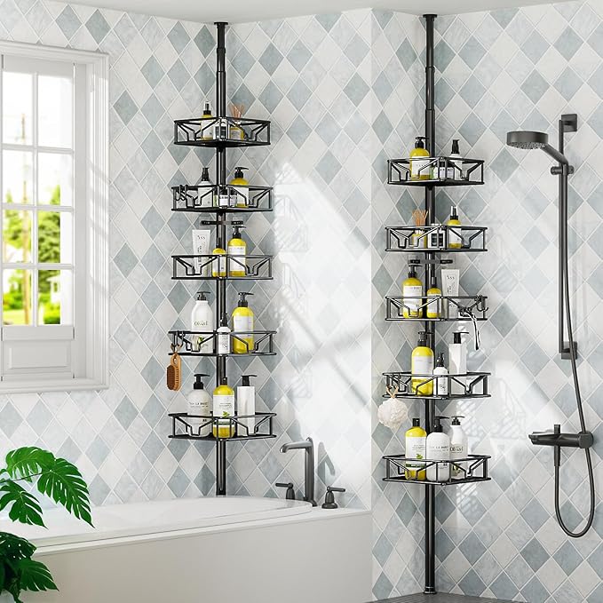 Skycarper 5 Tier Adjustable Corner Shower Caddy Organizer with Hooks,Rustproof Tension Pole 62-116 Inch, Black - Image 2