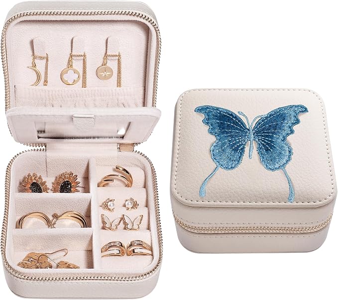 S.Leaf Travel Jewelry Organizer Boxes for Women Small Portable Necklace Earrings Bracelet Rings Travel Case Best Friend Birthday Gifts for Women Trendy (Butterfly_Beige_Blue) by SLeaf