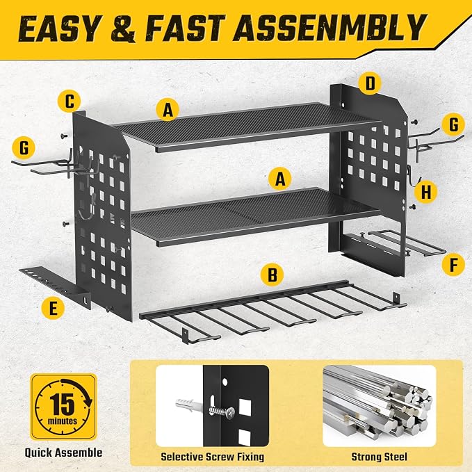SUNALLY Power Tool Organizer, Heavy Duty Wall Mount Tool Organizer 3 Layers with 4 Drill Holders, Garage Tools Storage Rack with 2 Side Pegboards and Hooks for Workshop, Shed, Black - Image 4