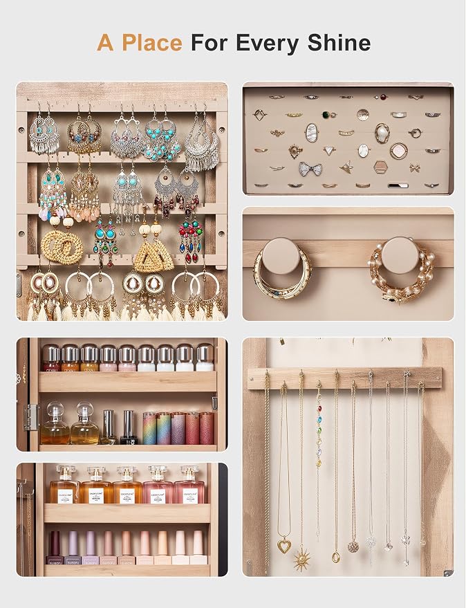 Nicetree Jewelry Cabinet Armoire with 2 Drawers,Standing Jewelry Mirror Cabinet, Full Length Mirror with Jewelry Storage, Lockable Jewelry Organizer with Mirror, Oak - Image 6