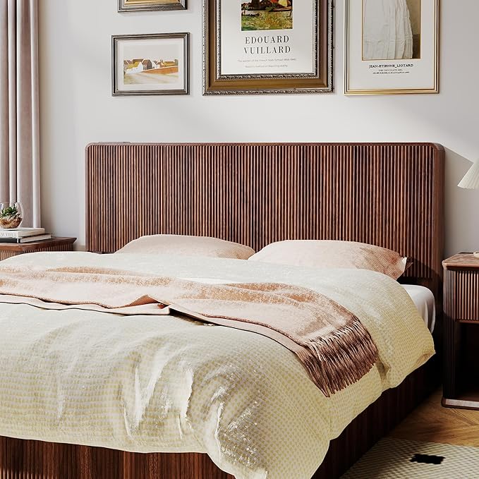 AVZEAR Wood Fluted Headboard King Size, Mid Century Modern King Headboard Only, Wall Mounted Headboard with 2 Outlets and USB & Type C Port, Curved Wooden Bed Headboards, Stylish Bedroom Decor, Walnut