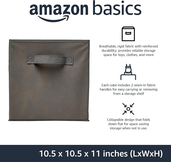 Amazon Basics Collapsible Fabric Storage Cubes Organizer with Handles, Sturdy, Foldable, Space-Saving, 10.5"x10.5"x11", Gray, 6-Pack - Image 2