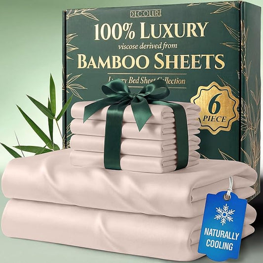 DECOLURE 100% Viscose Derived from Bamboo Sheets Full Size - Luxury 6 Pc Naturally Cooling Sheets, Ultra Soft Bed Set - Deep 17" Pockets, Durable Double Stitching, Oeko Tex Standard (Light Pink)