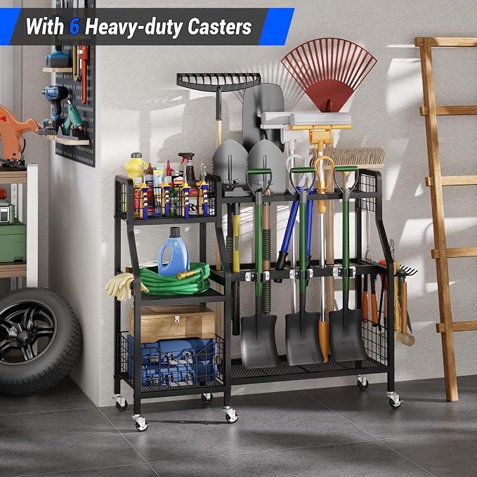 keomaisyto Garden Tool Organizer with 6 Wheels(3 lockable), Heavy Duty Yard Tool organizer with 2 Basket, Large Metal Garage Tool Organization and Storage for Garage/Shed/Yard/Broom Closet/Lawn - Image 5