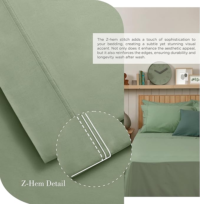 Linen Home 100% Cotton Percale Sheets King Size, 4-Piece Set - Crisp, Soft, Cool & Breathable, Deep Pocket Fits 16" Mattress, Long-Staple Combed Cotton, Hotel Style, Oil Green