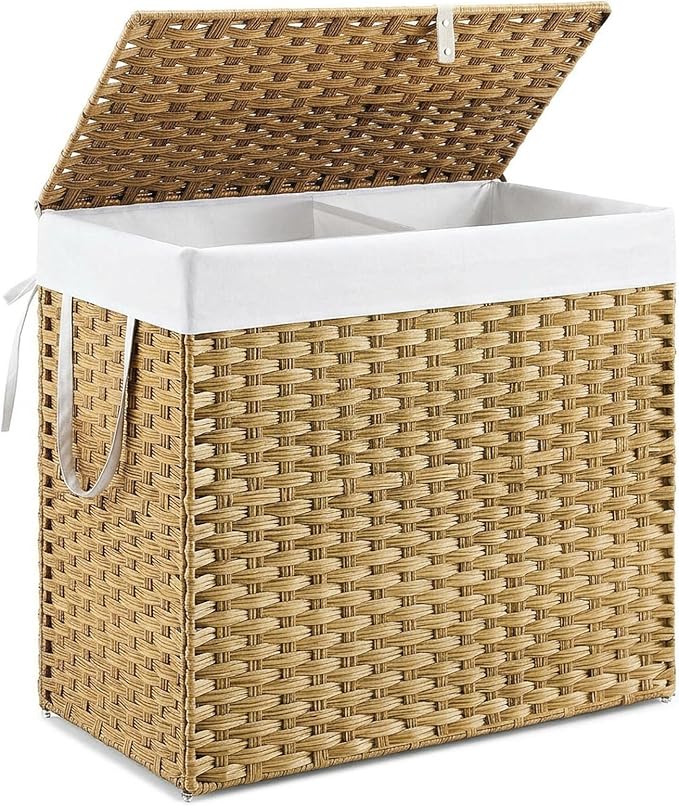 DUMOS Wicker Laundry Basket with Lid, 110L Woven Laundry Hamper with Handles, Foldable Rattan Clothes Hamper with Removable Liner & Sturdy Steel Frame, Goose Yellow by DumosLifestyle