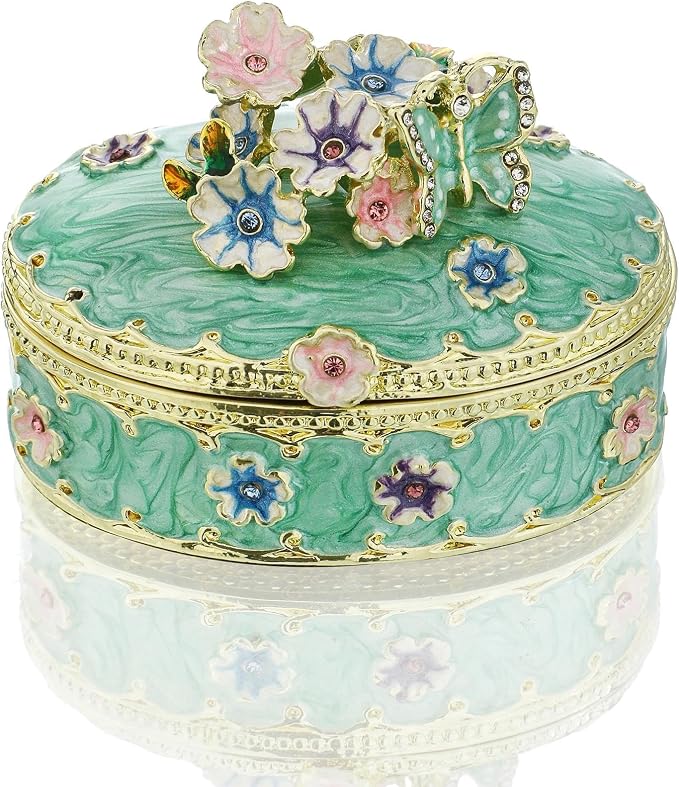 YU FENG Enamel Butterfly Trinket Box Jewelry Organizer, Decorative Hinged Keepsake Box – Green Floral Butterfly Box by YUFENG