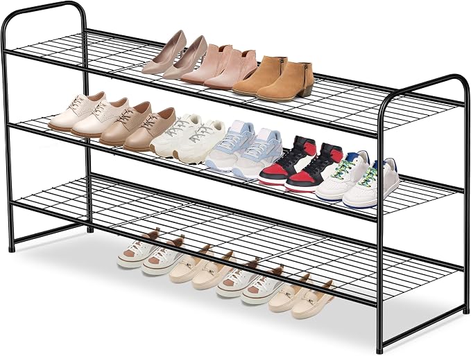 AOODA Long 3 Tier Metal Shoe Rack for Closet Wide Stackable Shoe Storage Organizer for Entryway, Bedroom, Floor, 24-Pairs Men Sneakers Shoe Shelf with Wire Grid, Black by AOODA