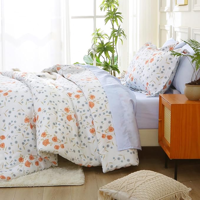 MUXHOMO Orange Blossom Bed in a Bag Queen 7 Pieces, Queen Comforter Set Reversible Botanical Flowers Design, Ultra Soft & Breathable Bedding Sets with Comforter, Sheets, Pillowcases & Shams