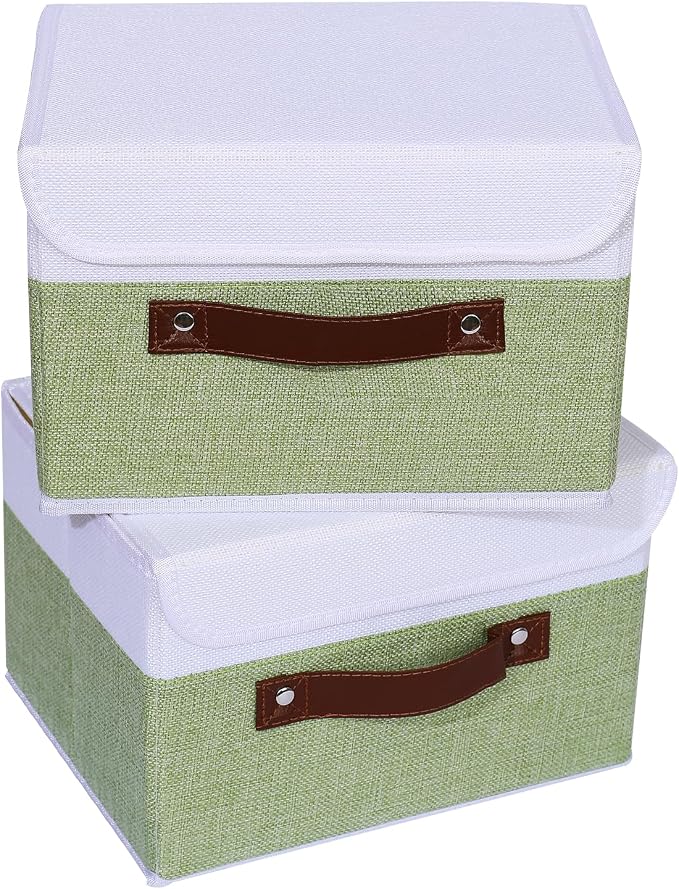 ANMINY 4PCS Storage Boxes with Lid Washable Decorative Storage Bins Basket with PU Leather Handle Foldable Linen Fabric Storage Cubes Containers for Home Closet Organizer - Green White, Small Size - Image 8