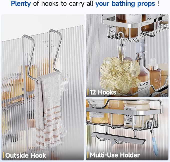 Skyapex Shower Caddy Over the Door Organizer: Bath Rack Hanging Over Glass with Hooks - Storage Shelf Inside Bathroom for Shampoo - Sliver - Image 6