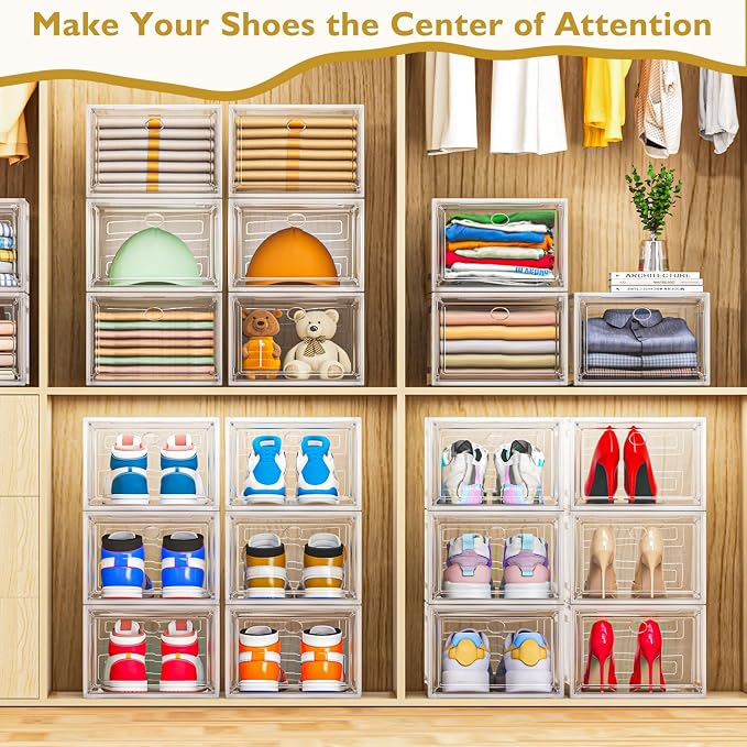 12 Pack Clear Shoe Storage Organizer with Magnetic Door,Stackable Plastic Shoe Boxes for Sneakers,Boots,and Heels,Space-Saving Foldable Shoe Rack for Closet,Durable Shoe Cabinet Organizer,White - Image 2