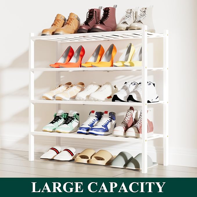Smiry Shoe Rack, 4 Tier Bamboo Shoe Organizer, Stackable Free Standing Wooden Shoe Storage Shelf for Closet, Entryway, Front Door Entrance, White - Image 5