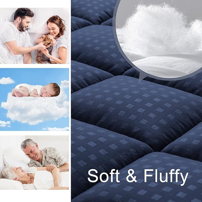 HYLEORY Full XL Mattress Pad Quilted Fitted Mattress Protector Cooling Pillow Top Mattress Cover Breathable Fluffy Soft Mattress Topper with 8-21" Deep Pocket, Navy