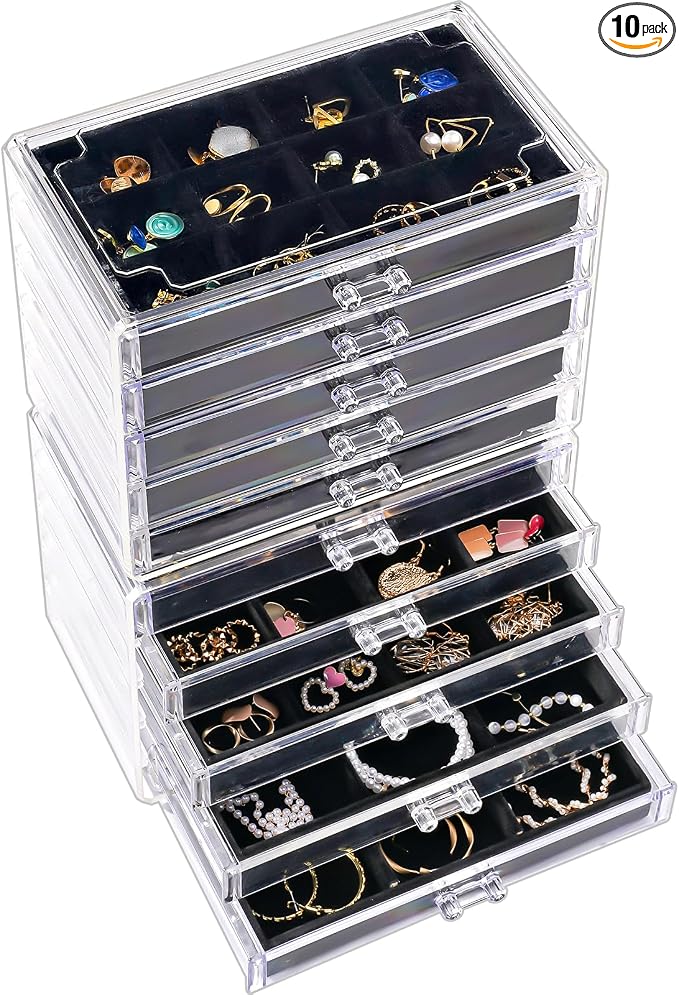 ProCase Earring Holder Organizer Jewelry Box with 10 Drawers, Acrylic Clear Earring Case with Adjustable Velvet Trays for Women - Black,10 Layers by ProCase