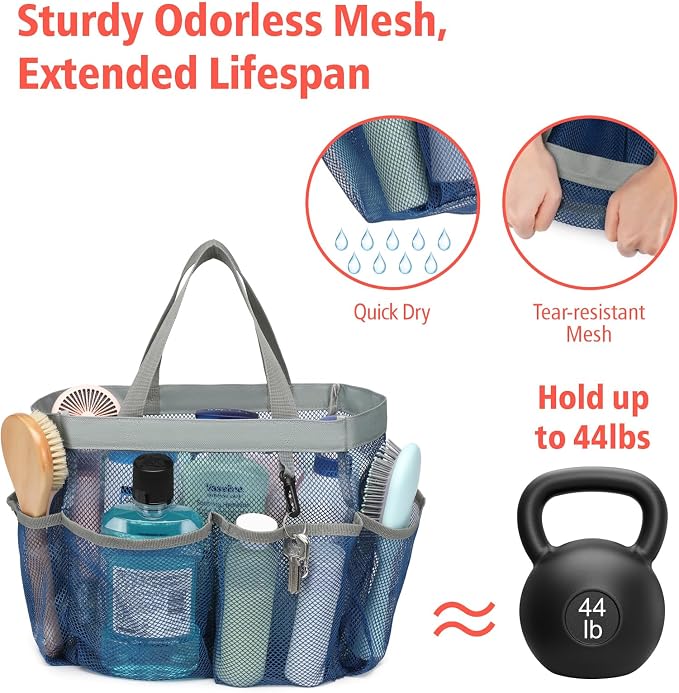 F-color Mesh Shower Caddy Portable - 2 Handles Upgrade Deeper 7 Pockets Basket Bag Tote for College Dorm Room Toiletry Bathroom Essentials Gym Camp Quick Dry with S Hook, 2 Pack Blue - Image 3