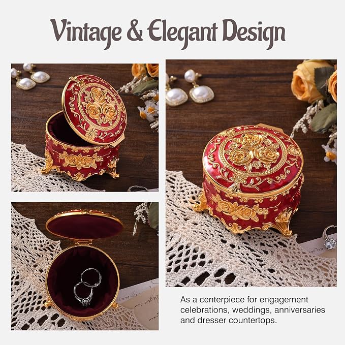 Vintage Jewelry Box, Gold Round Treasure Ring Box, Metal Trinket Organizer Keepsake Box Gift for Girl Women, Red - Image 3