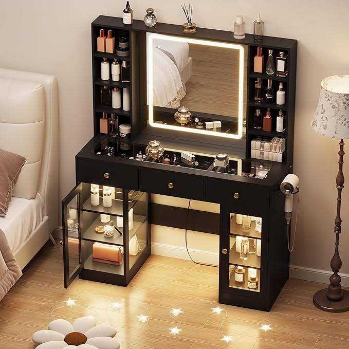 Black Vanity Desk with Mirror and Lights, Glass Top Vanity with Lighted Mirror & RGB Cabinet and 3 Drawers, Dressing Table with 8 Shelves, Makeup Desk with Lights for Girls Bedroom, 3 Color Modes