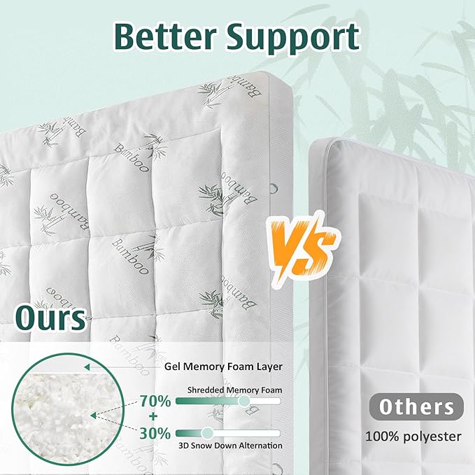 DOWNCOOL Memory Foam Mattress Topper Queen, Cooling Pillow Top Mattress Pad with Viscose Derived from Bamboo, Back Pain Relief, Deep Pocket Fits 8–21 Inch